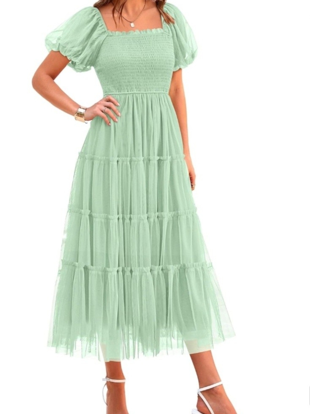 Listicle Mint Green Smocked Puff-Sleeve Tiered Maxi Dress